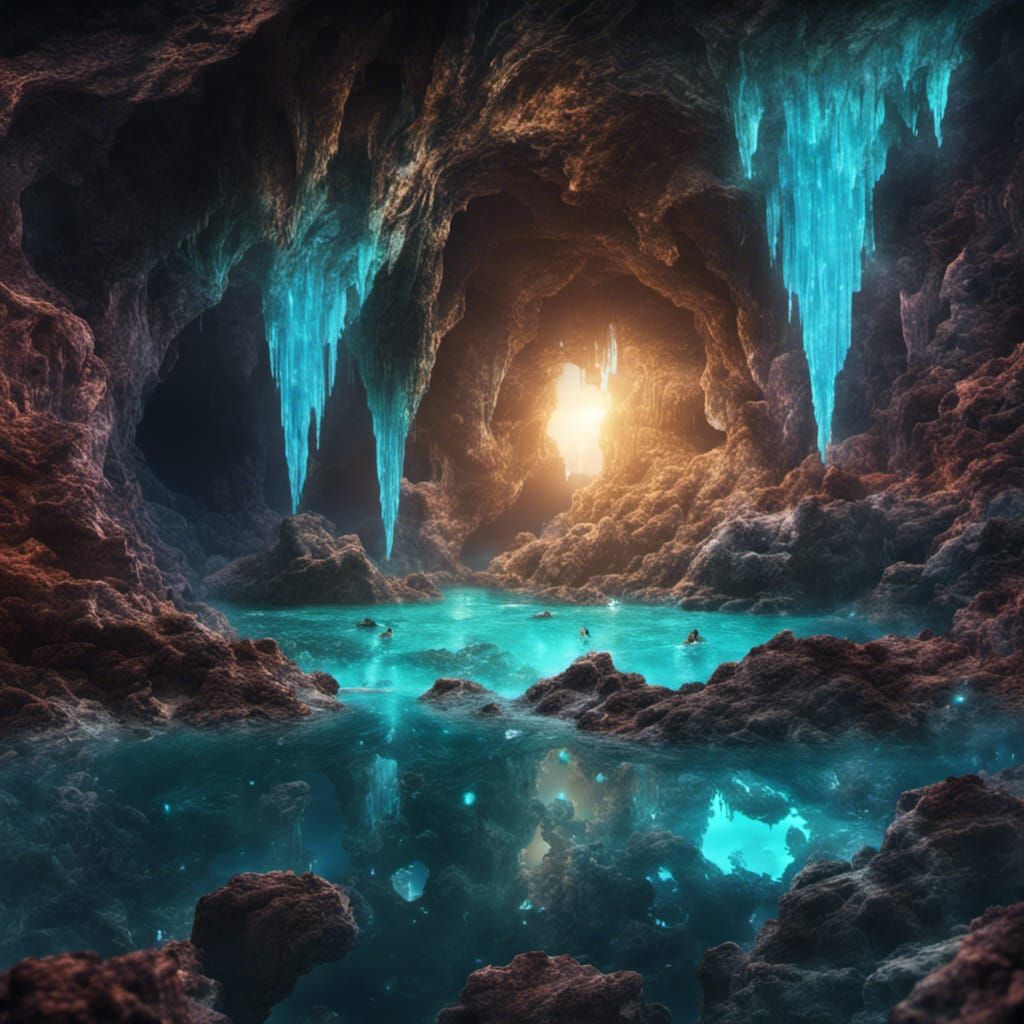 An underground, glittering, bioluminescent cave system bursting with living crystals, with pools of shimmering ...  by @Dorian