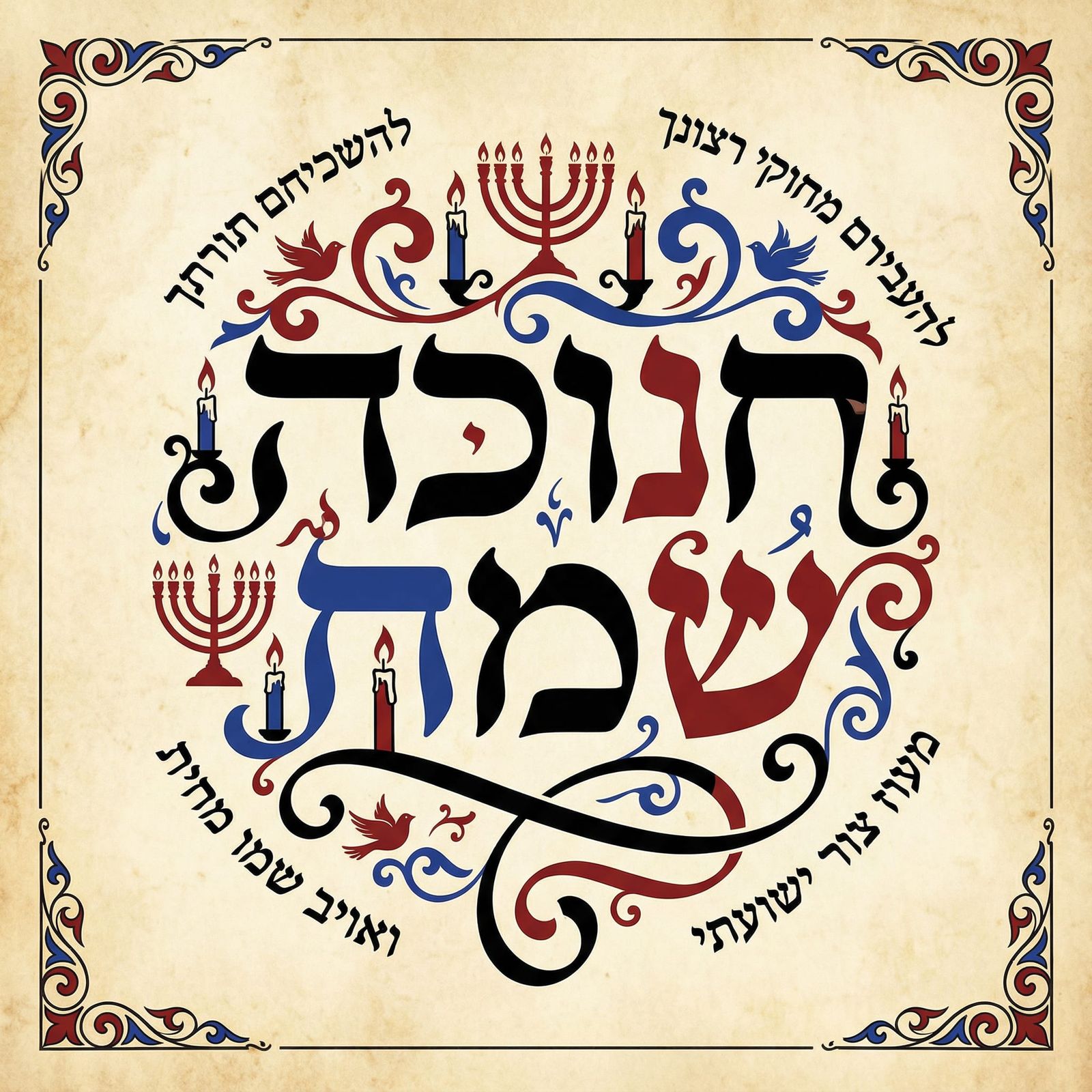 Hanukkah Greeting with Calligraphy, Candles, and Birds