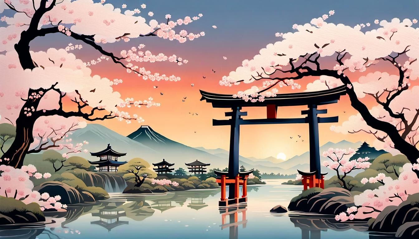 Japanese Torii Gate in Ukiyo-e Style