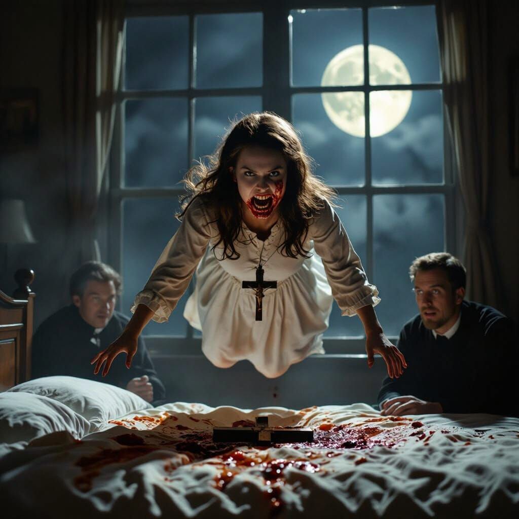 vivid, photo quality, The Exorcist, Linda Blair floating from the bed face twisted and scared with rotten teeth, Her floating, a priest and ...