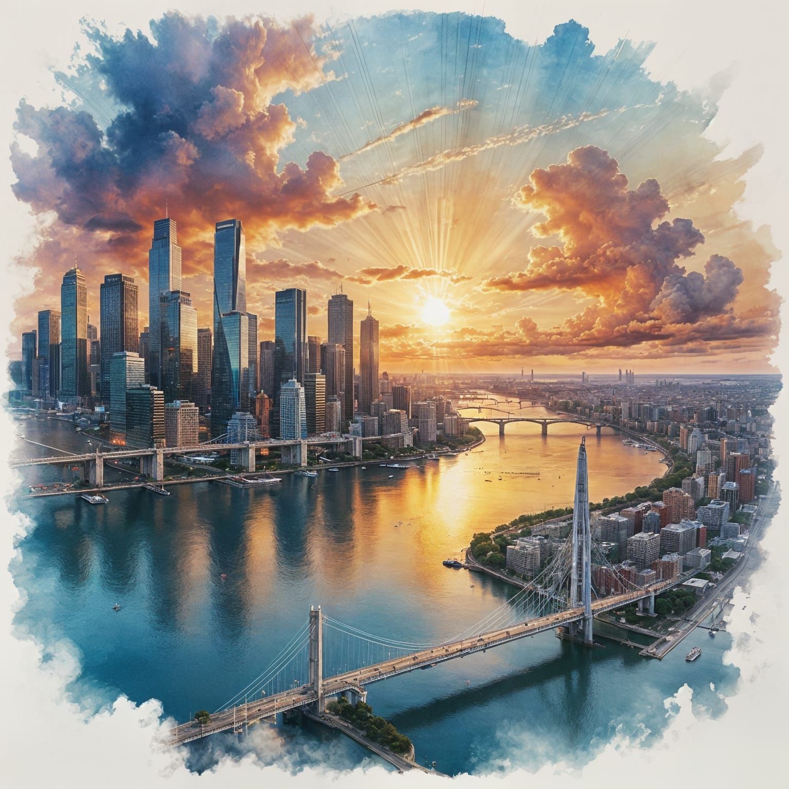 Watercolor Cityscape at Golden Hour with Cable Bridge