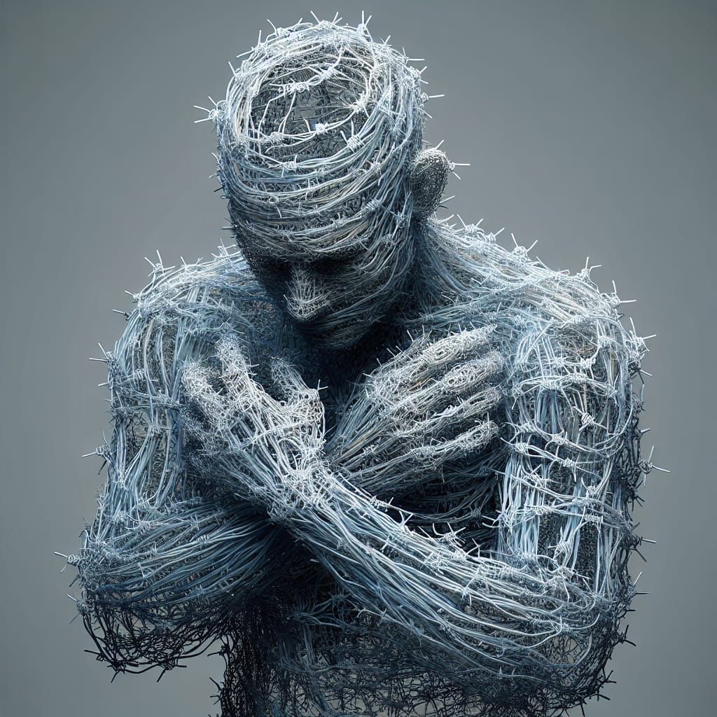 A transparent ghostly hologram figure made of barbed wire. There is no human face or skin noticeable, ...  by @morr5750
