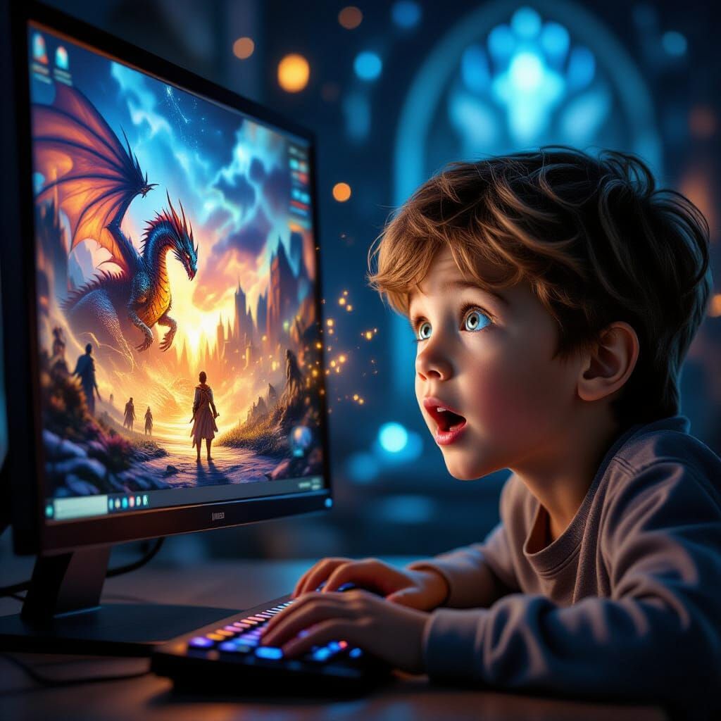 a young boy playing his RPG game on the computer