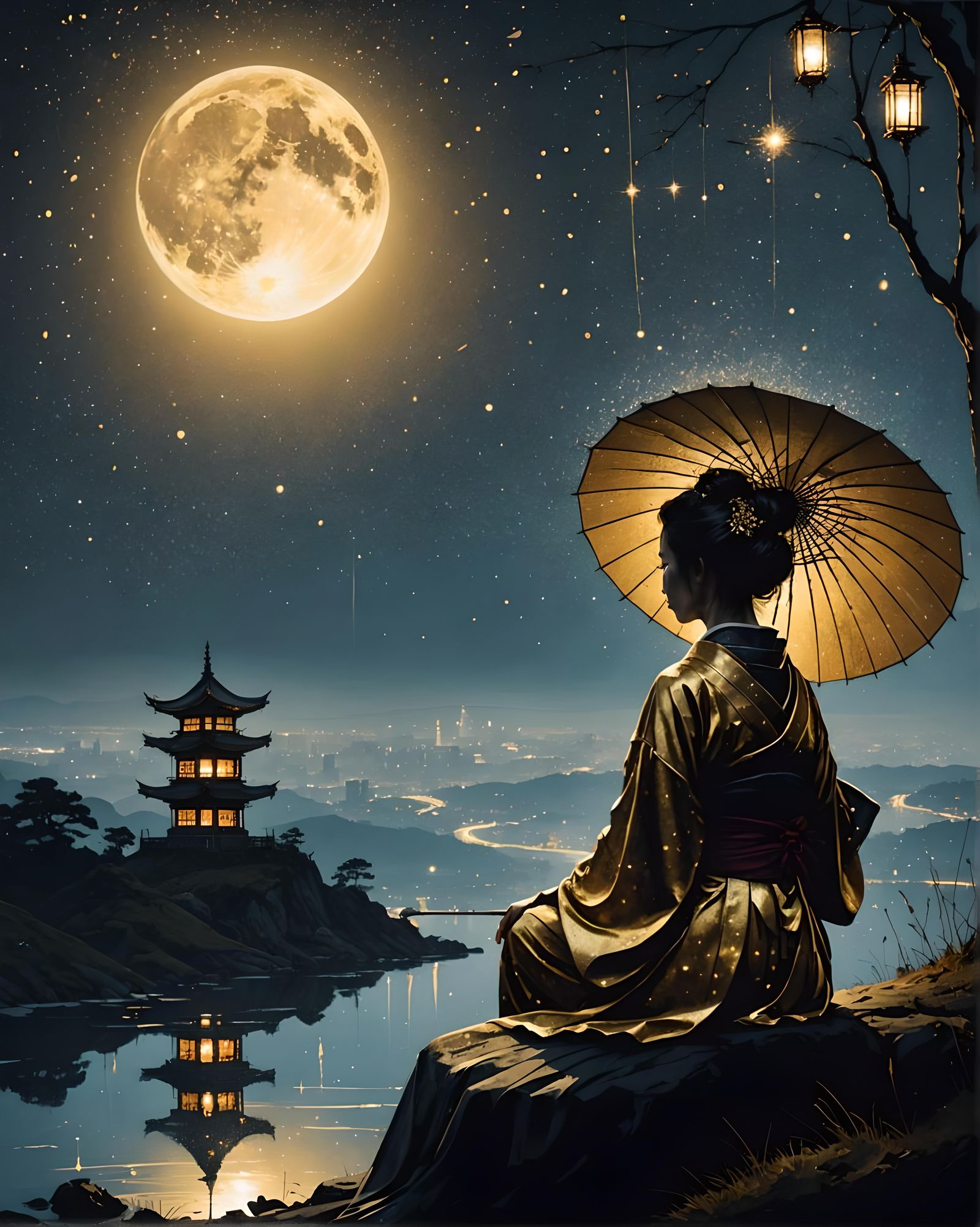 A geisha looking at a japanese temple  by @AI__maker