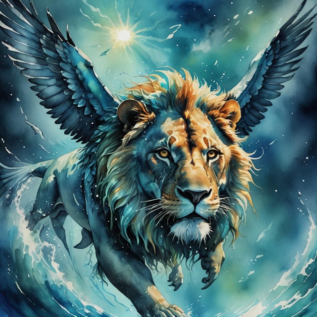 Lion-Shark-Eagle Hybrid in Deep Ocean Watercolor