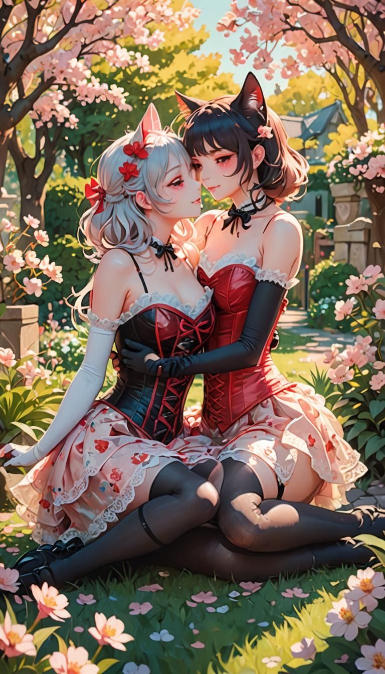 Two anthropomorphic cat girls in short red silk corset, lace...