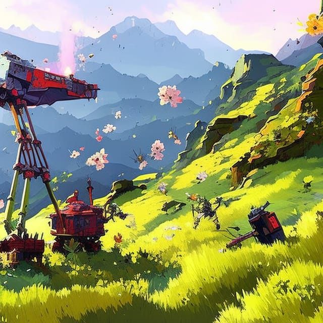 Spring in the mountains, robot wreckage littering the countr...