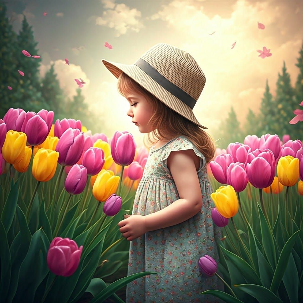Whimsical Girl in Enchanted Garden with Vibrant Tulips