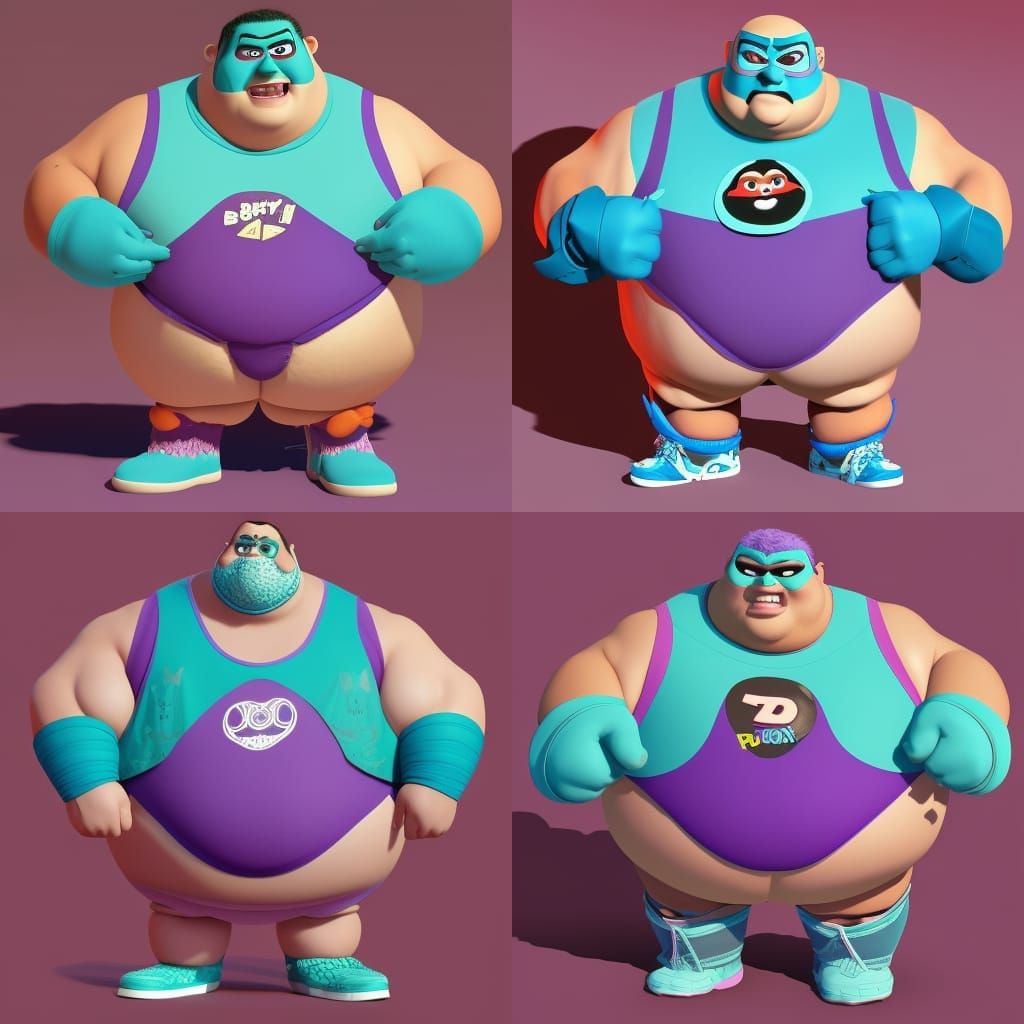 Fat Pro Wrestler wearing a Turquoise Mask a Purple Singlet and white boots  He is a good guy and fans love him - AI Generated Artwork - NightCafe  Creator