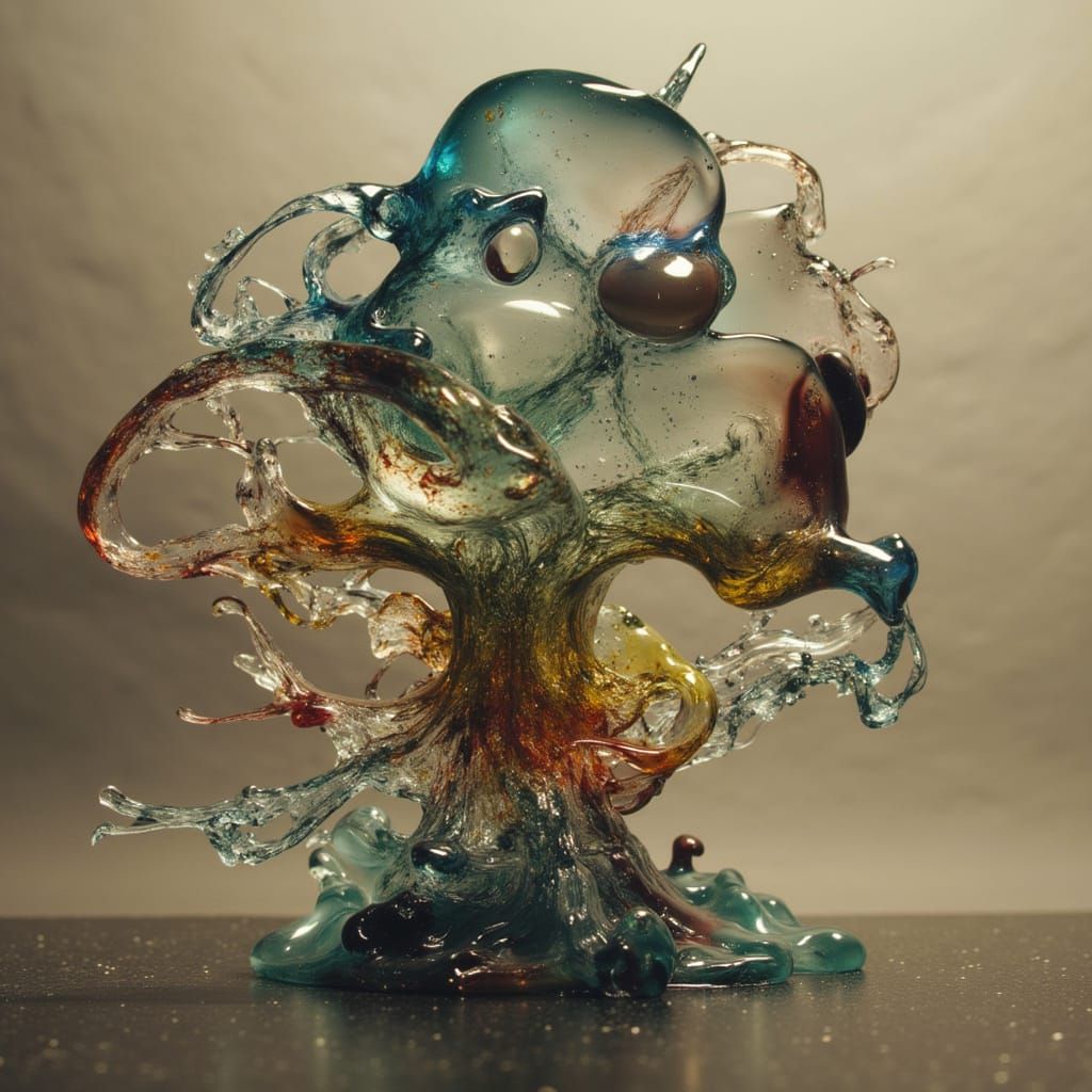 <lora:Flux Glas:1.0> a splashy funny creature from liquid glas and goggling eyes inspired by comic-artists and splash-artists in a photograp...