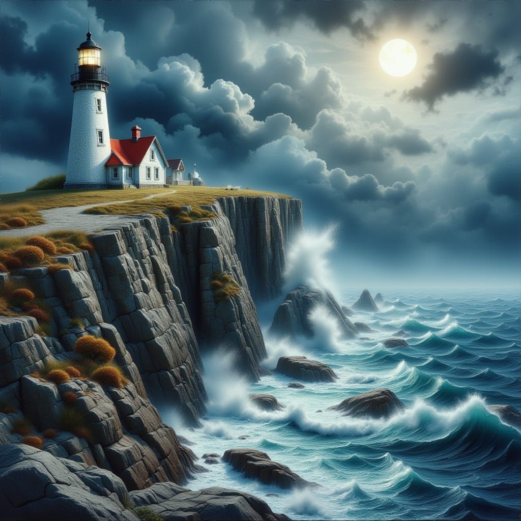 Dramatic Lighthouse Storm Oil Painting on Rugged Cliffs