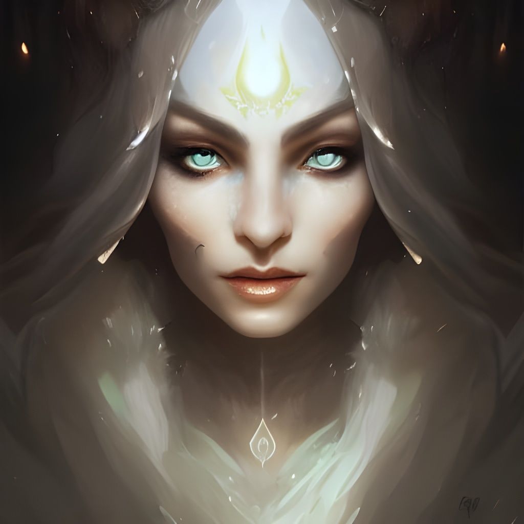 Elven lady of light with glowing white eyes and aura, cinema...