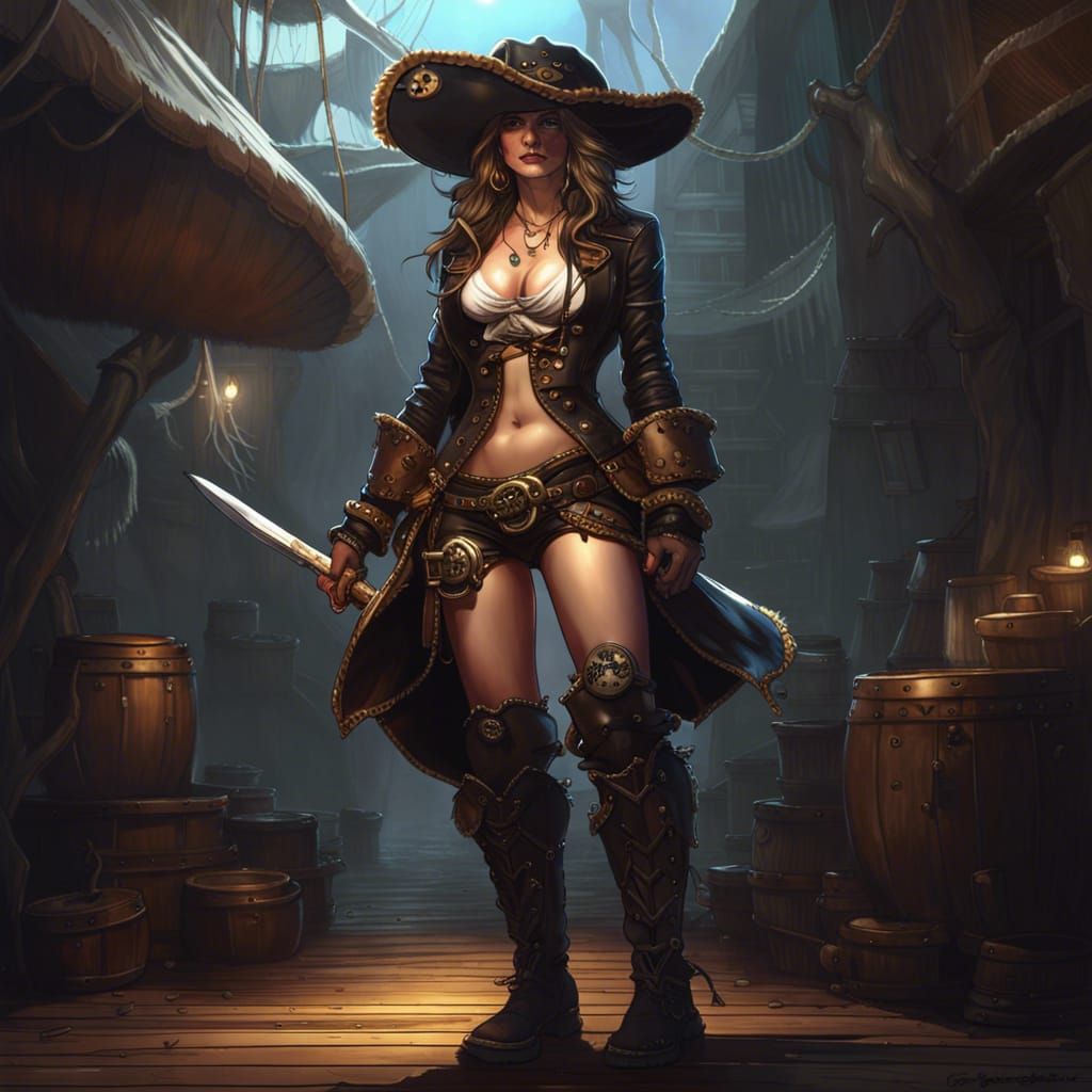 Pretty pirate girl in bikini with a large hat, high leather ...