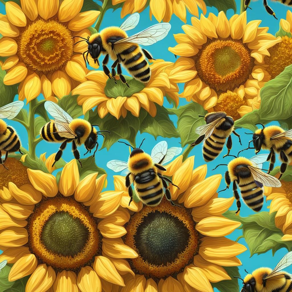 honey bees on a sunflower intricately detailed impressionism...