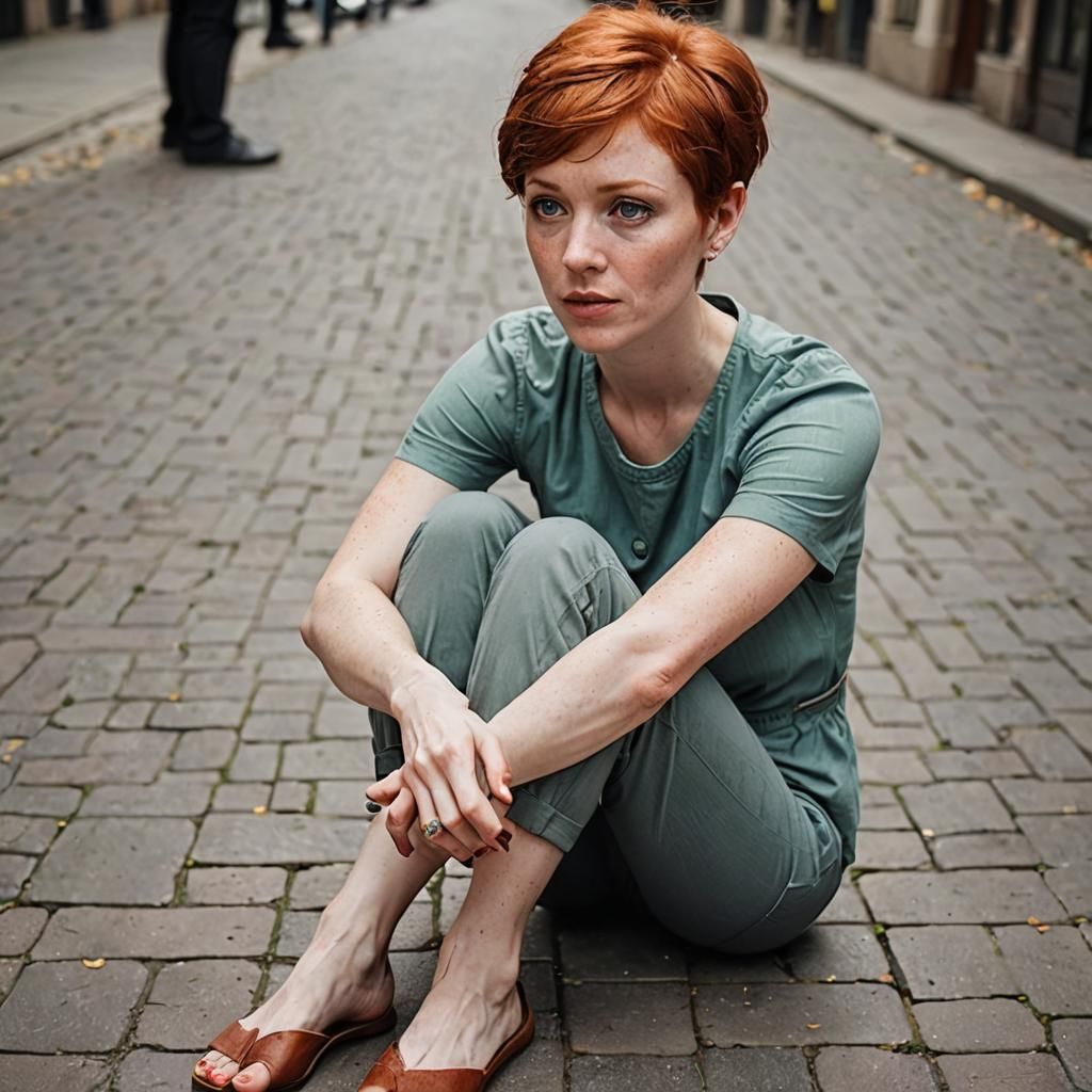 Barefoot redhead girl with a pixie cut hypnotized to become stupid and ...