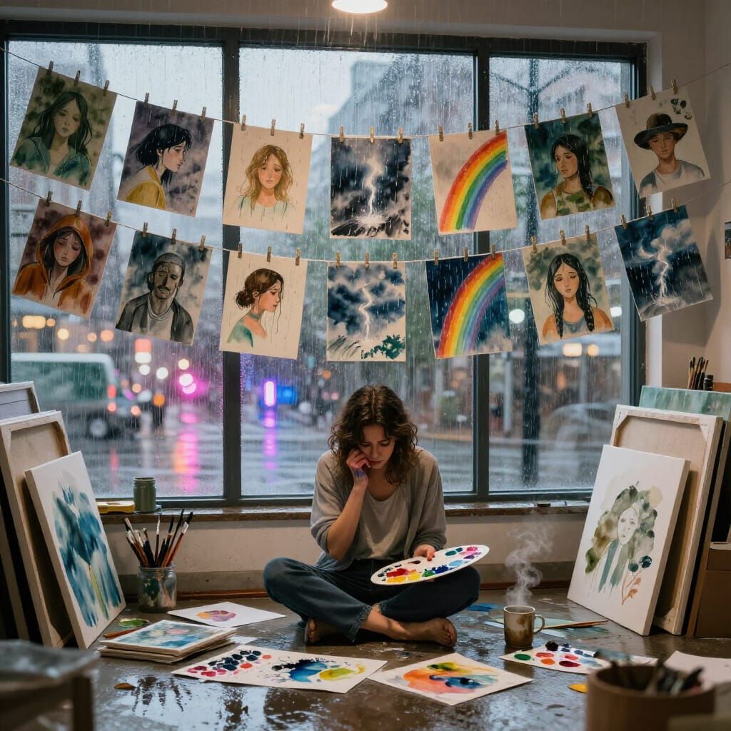 Artist Creates Rain-Themed Watercolors in Moody Studio