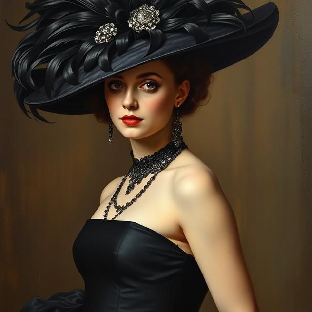 POISED  WOMAN IN A DRAMATIC BLACK STRAPLESS GOWN AND AN OPUL...