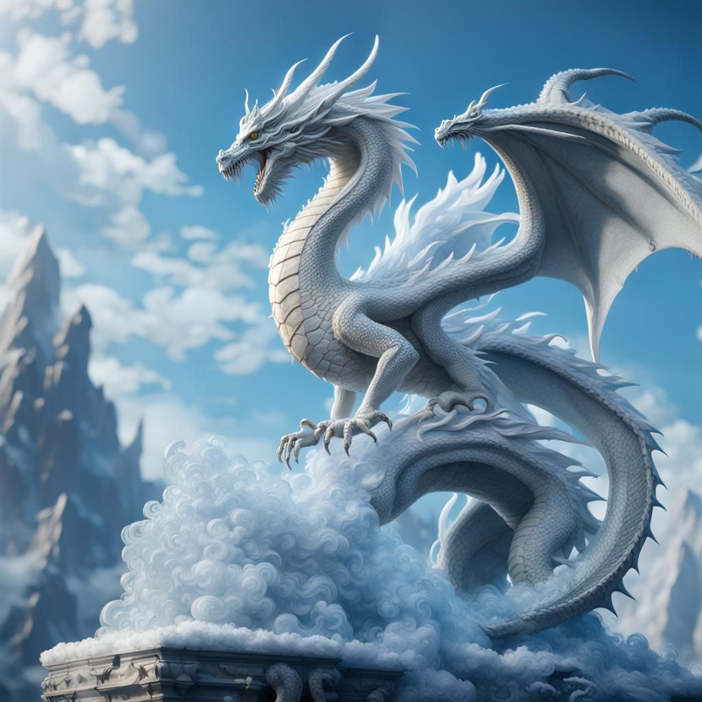 Ice statuein the shape of a  white Dragon, plain Indigo sky ...