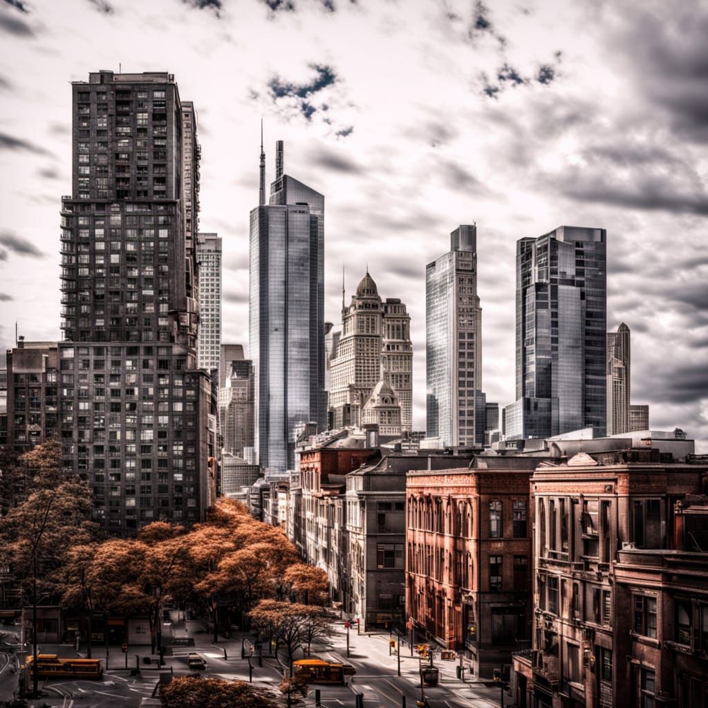 Skyscrapers downtown. intricate details, HDR, beautifully shot, hyperrealistic, sharp focus, 64 megapixels, perfect composition, high contra...