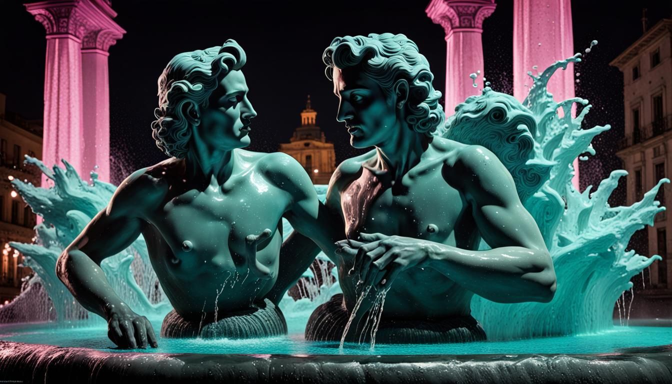 Neptune Fountain, Bologne, Italy. Early 1940s. Film Noir atm...