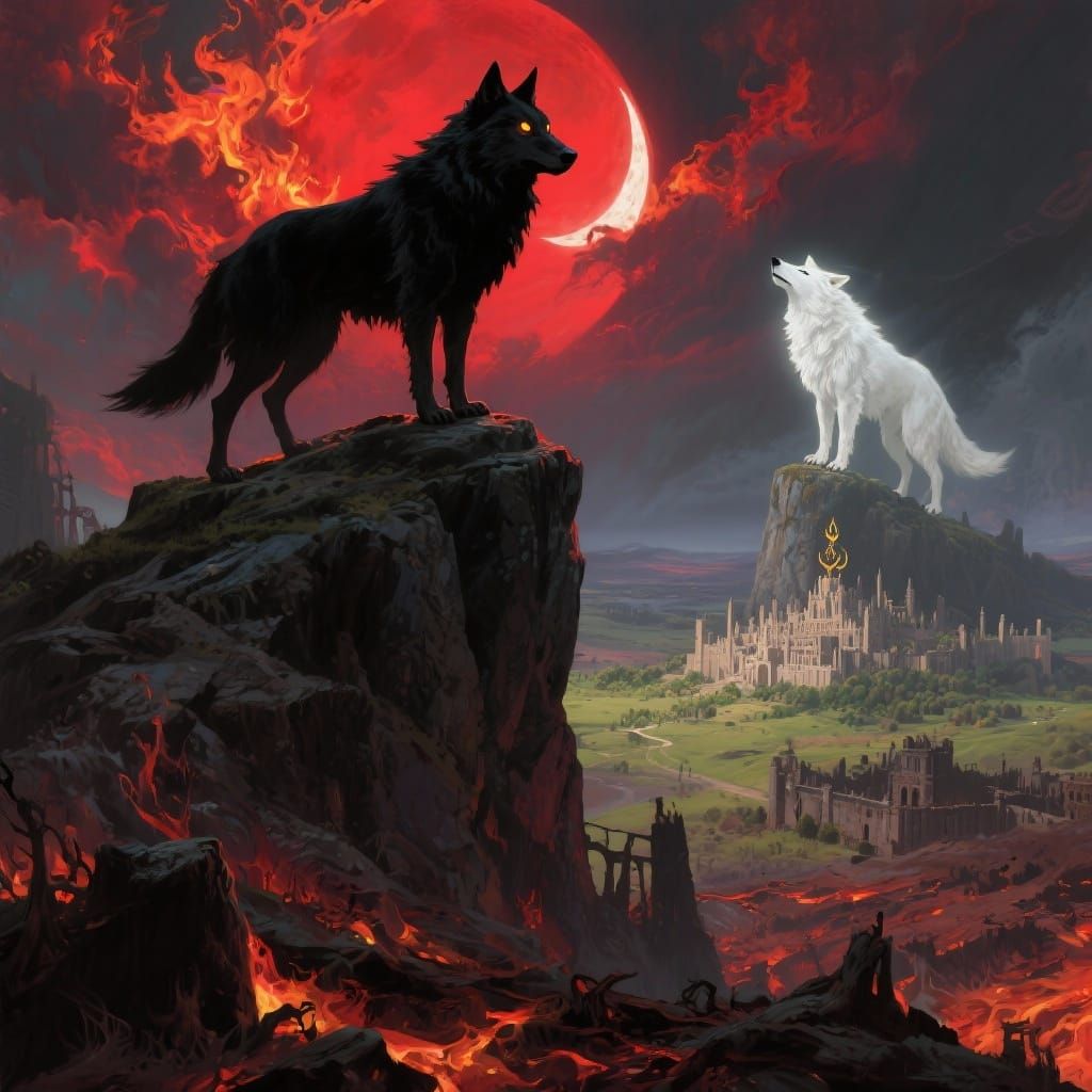 Two wolves howling while flames burn below and red drifts from the blood moon.
