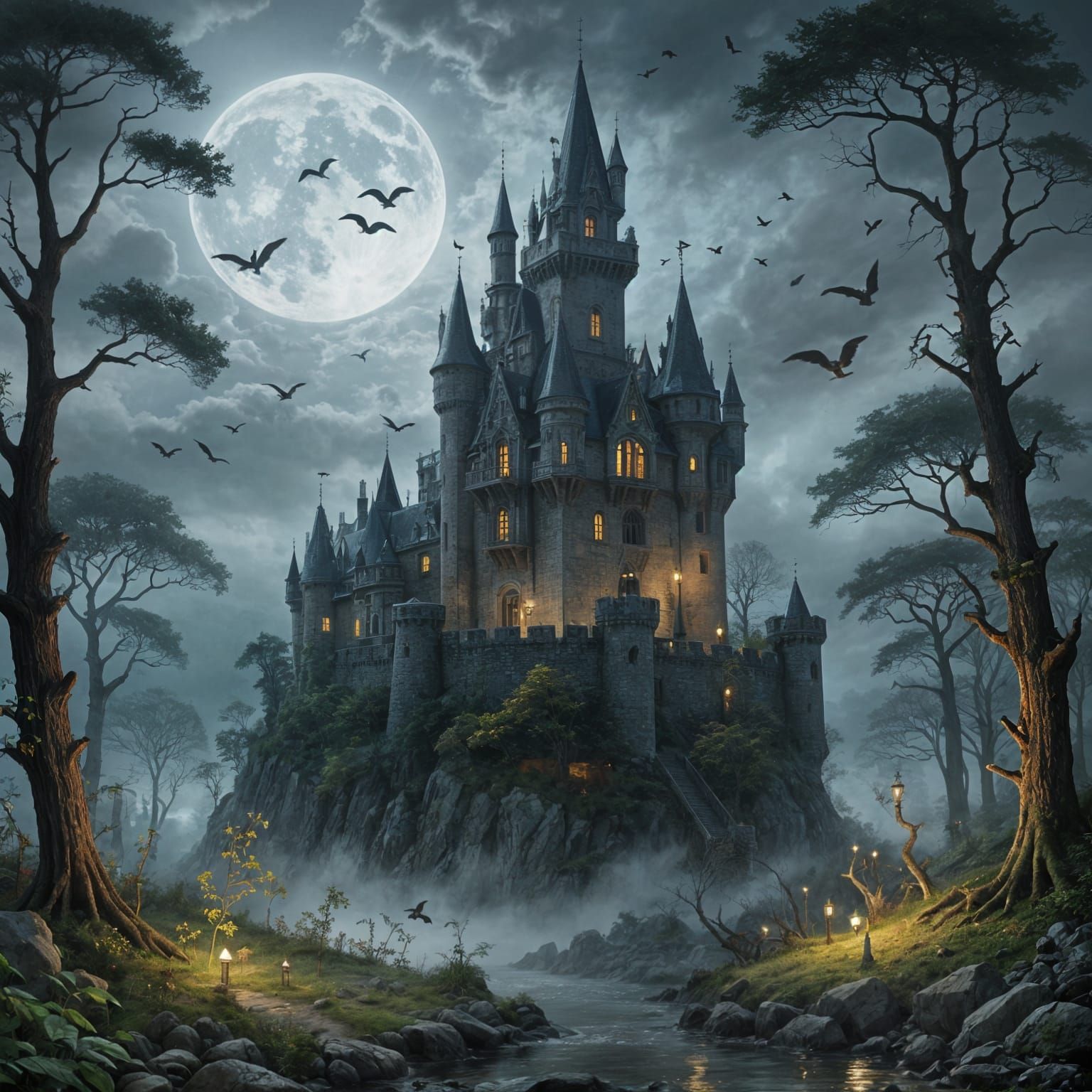 Mystical Castle in a Dark Forest