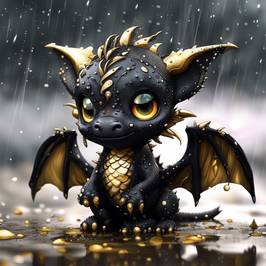 品質が完璧 and black chibified adorable Cute gold shiny dragon, baby 絵画