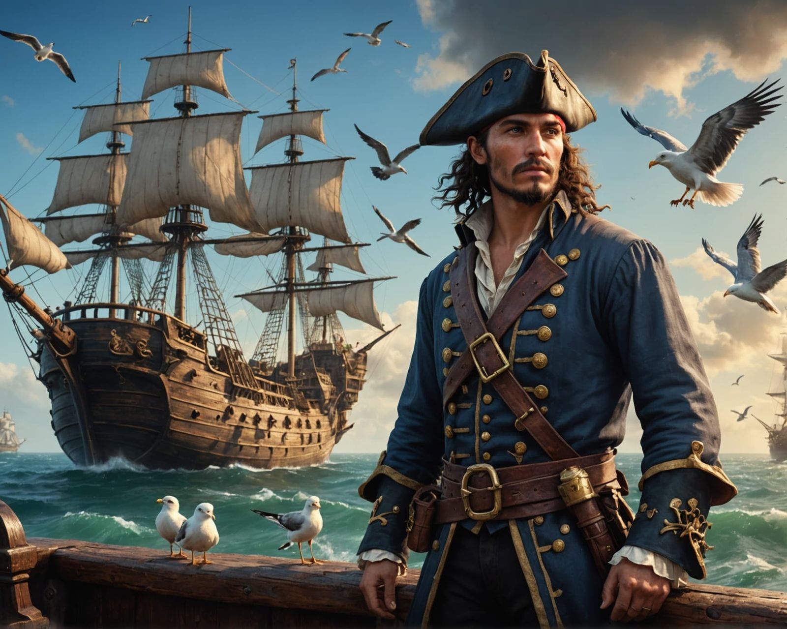 Handsome Young pirate captain on old wood ship.