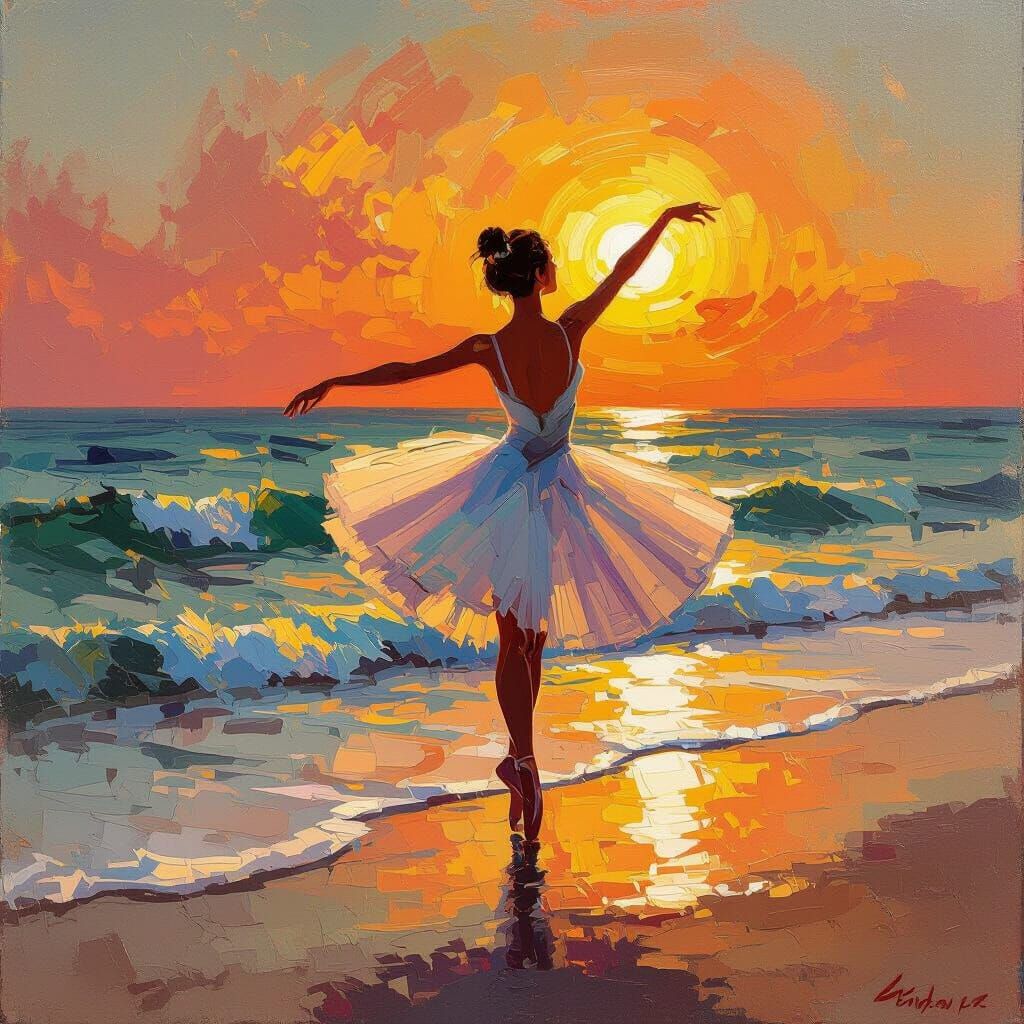 Ballerina Dances by Fiery Sunset Ocean Shore