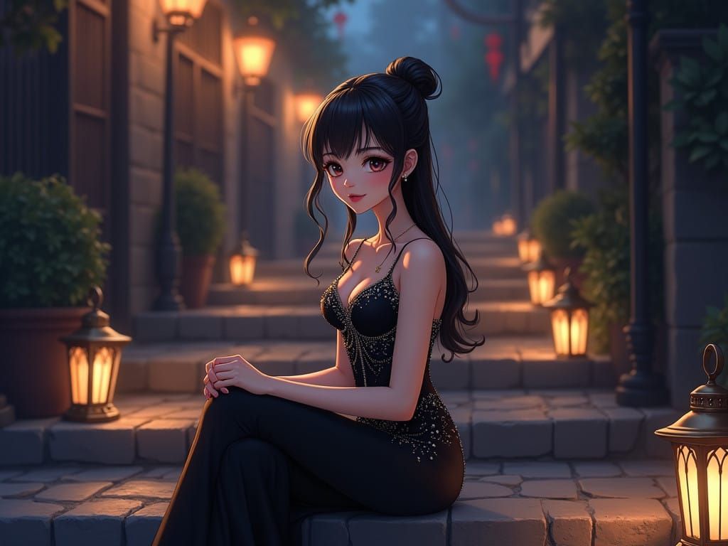 Anime-Style Woman in Elegant Evening Gown