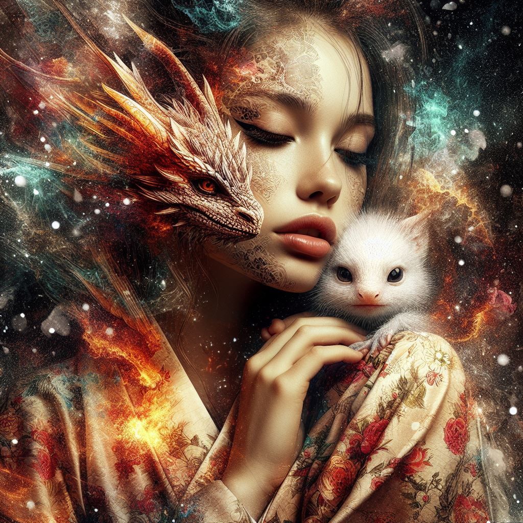 Stunning Color Pencil Sketch Portrait Beauty and dragon in Wonderland