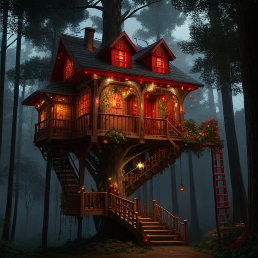 hyperrealistic fantasy tree house, with lights and red roses