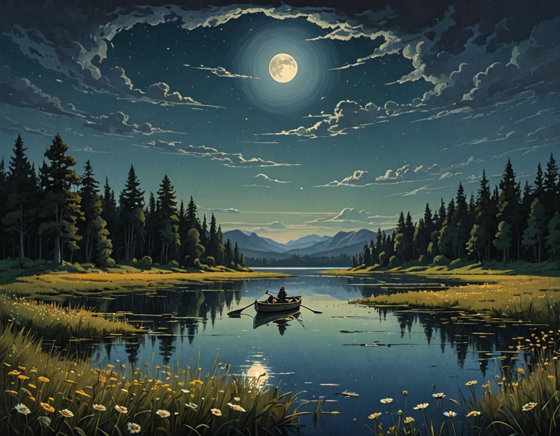 A small boat being rowed by a lone person in a big lake in a meadow,  full moon in the sky, wild flowers, ...  by @Nageswara