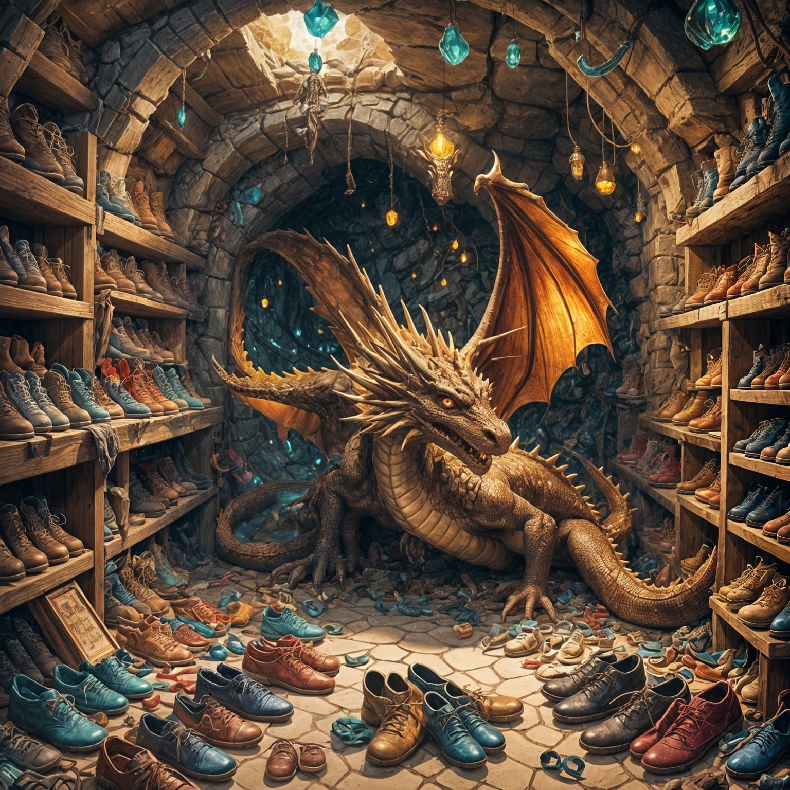 A dragon in a cave with many shoes on the ground and on selves on the walls