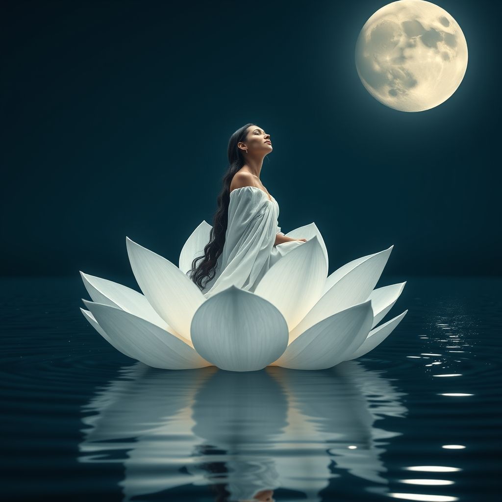 A serene and mystical scene of a woman