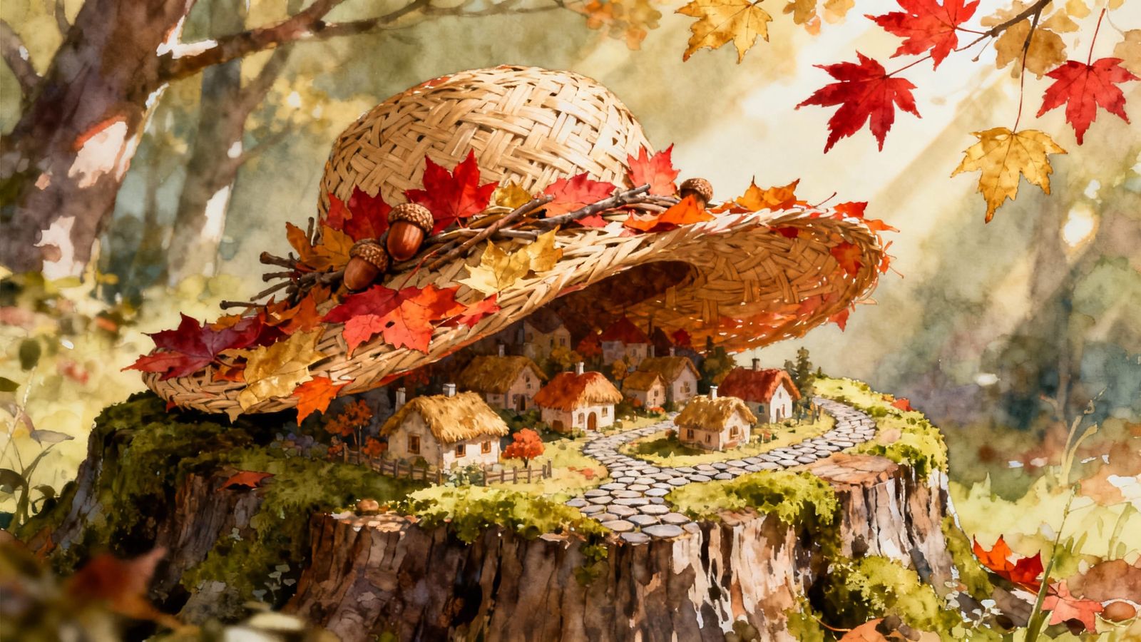 A miniature autumnal village, complete with tiny thatched-roof cottages and cobblestone paths, is nestled ...  by @The Carlyle