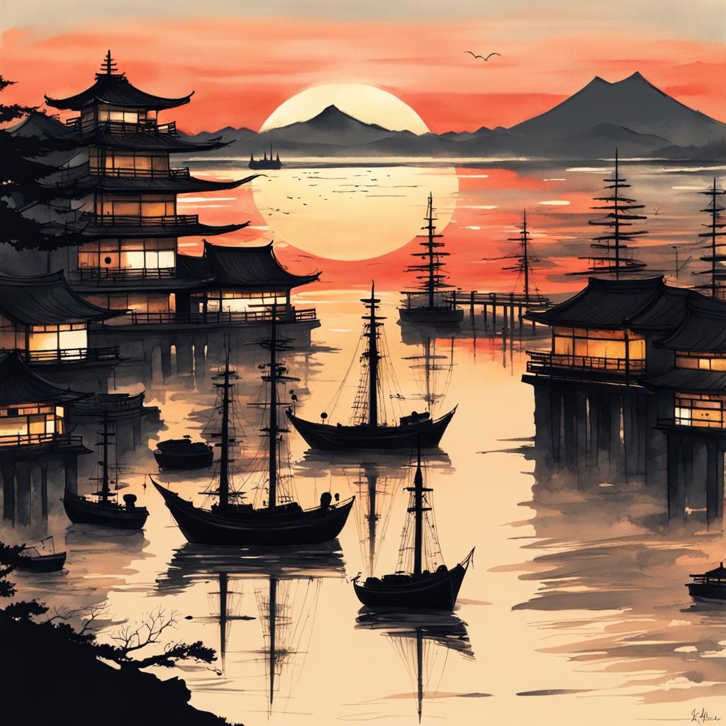 Japanese seascape with ships sunset sunrise   by @Mommakuma