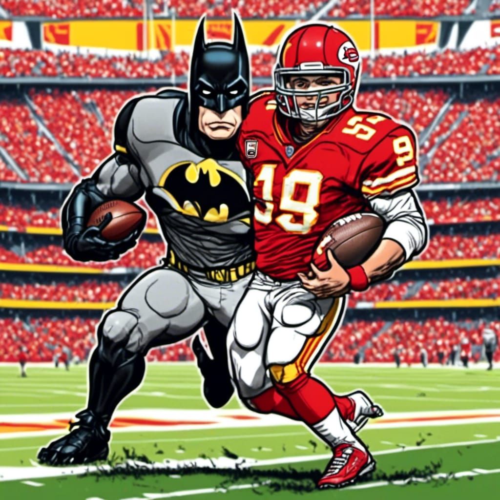 <lora:sdxl cute:1.0> Cartoon batman in a Kansas City Chiefs ...