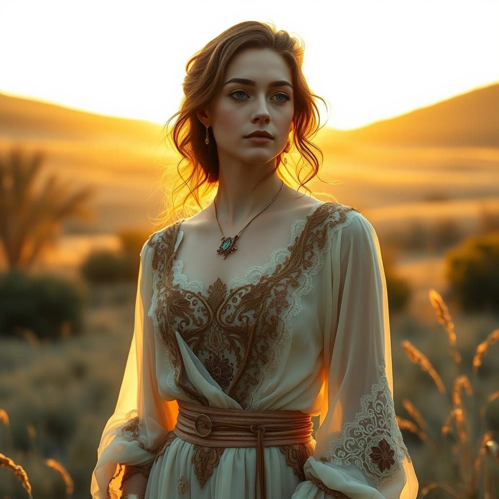 Elegant Woman in Serene Landscape, Art Nouveau Style