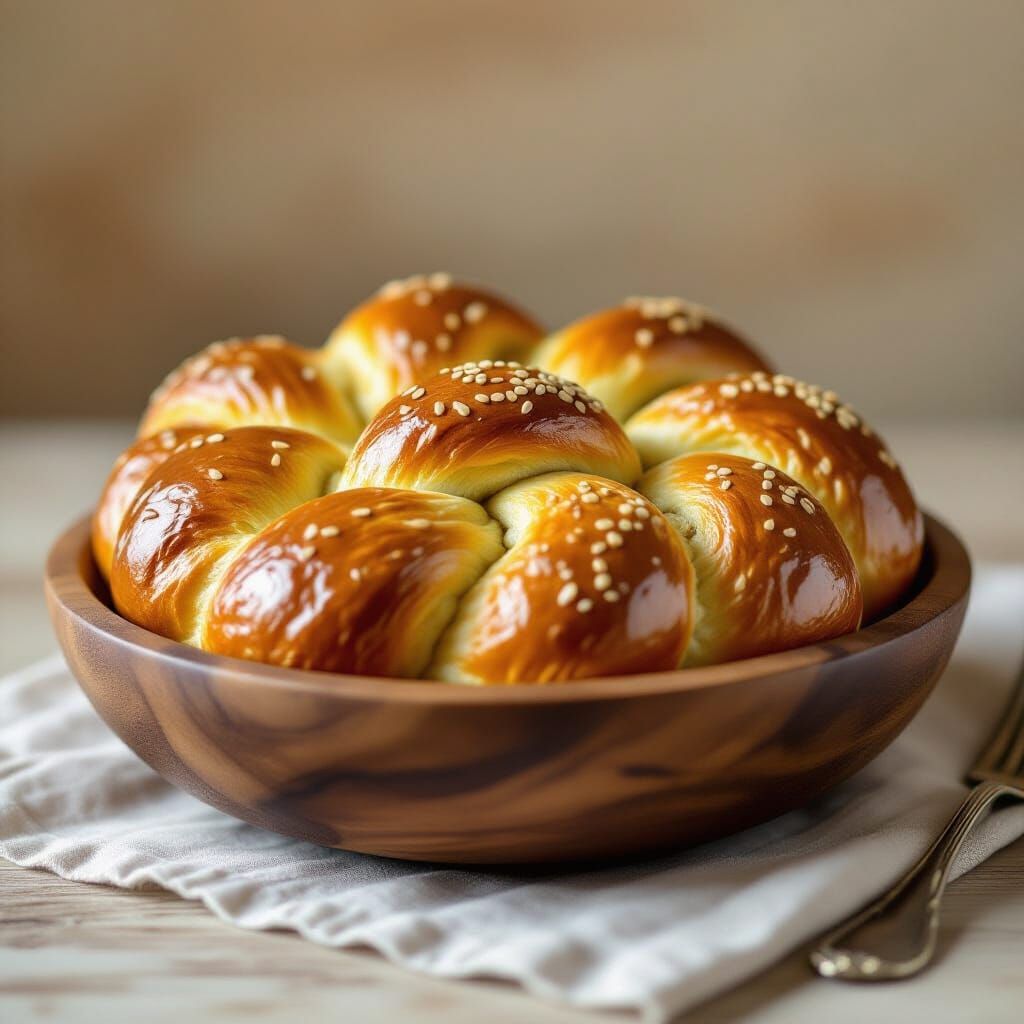 Golden Braided Challah Bread in Rustic Bowl
