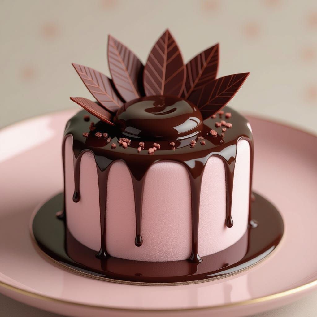  mousse ring coated in soft pink velvet texture, topped with vertical chocolate leaf shards, central well filled with glossy coulis, plated ...