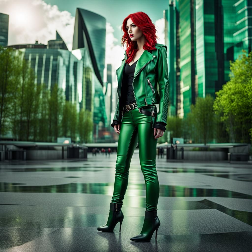 Tall shot long shot wide shot of a android girl with red hair wearing a green leather jacket, green leather ...  by @Joel S