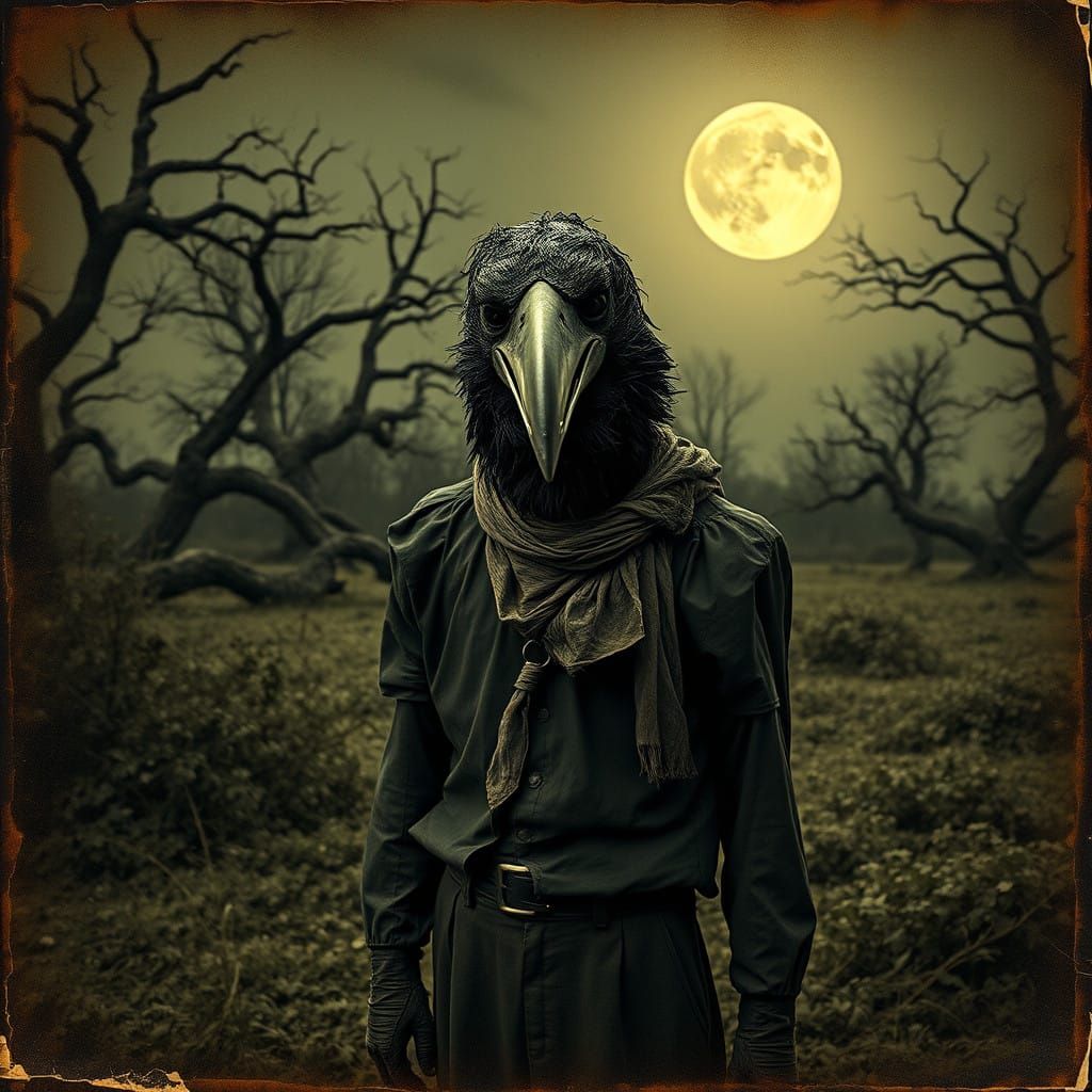 A distressed, vintage-style photograph of a 1930's a person wearing a Creepy Crow costume, posing in ...  by @Da-Li-Nay