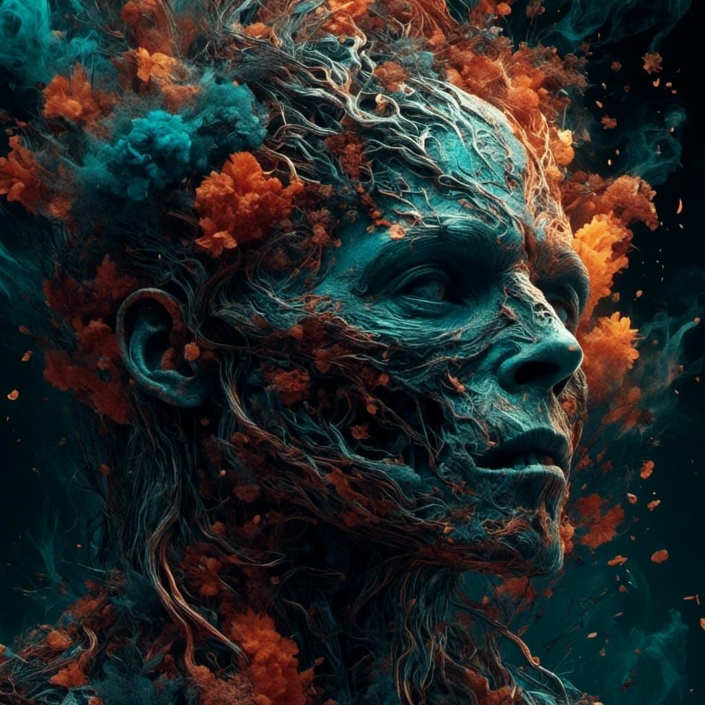 a metahuman face made from vivid colored smoke bad anatomy extra limbs disfigured <lora:Dark fantasy:1.0> ...  by @Daniel