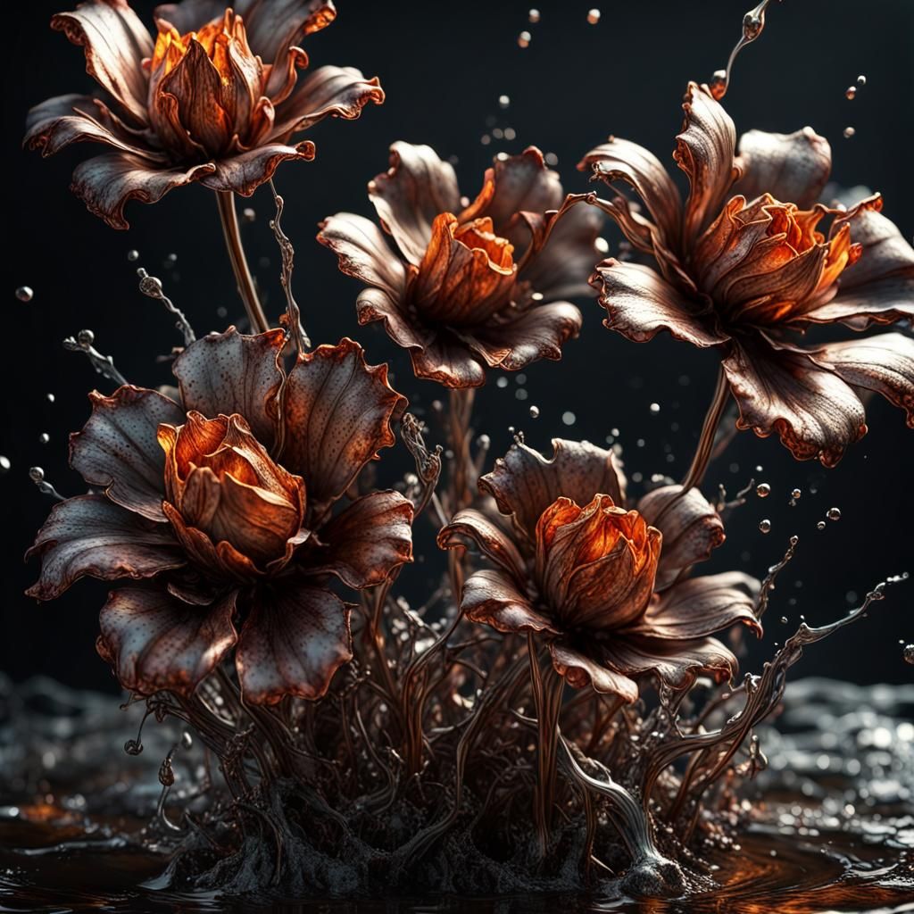 "dramatic close up of melting iron metal flowers, splashing ...