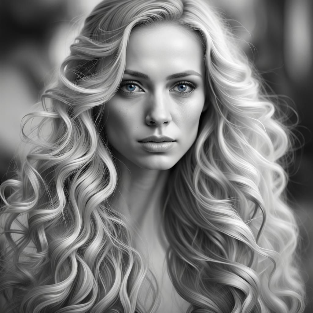 Black and white portrait of a woman with long wavy hair::blo...