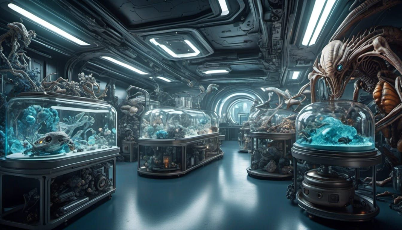 <lora:LapiFuturism:1.0> A futuristic laboratory crowded with...