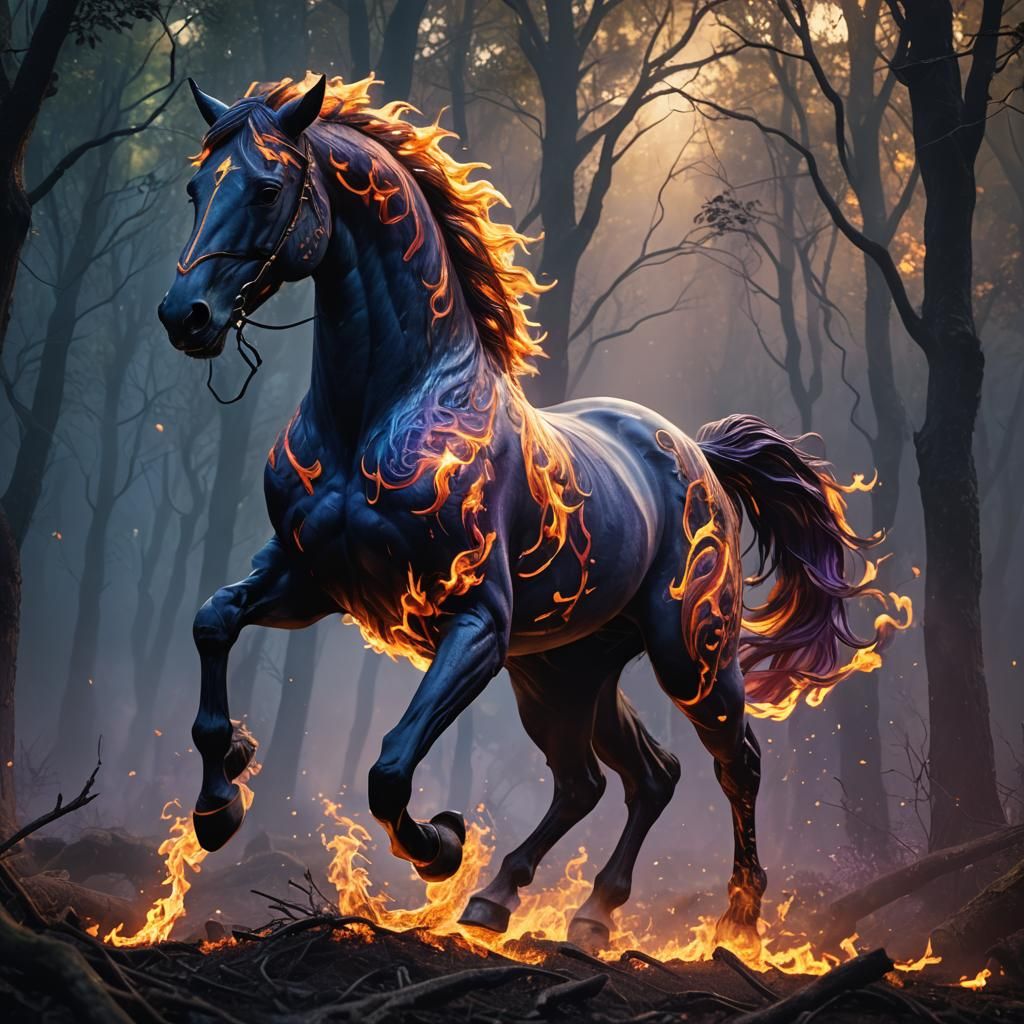 Fiery Horse Gallops Through Mystical Forest