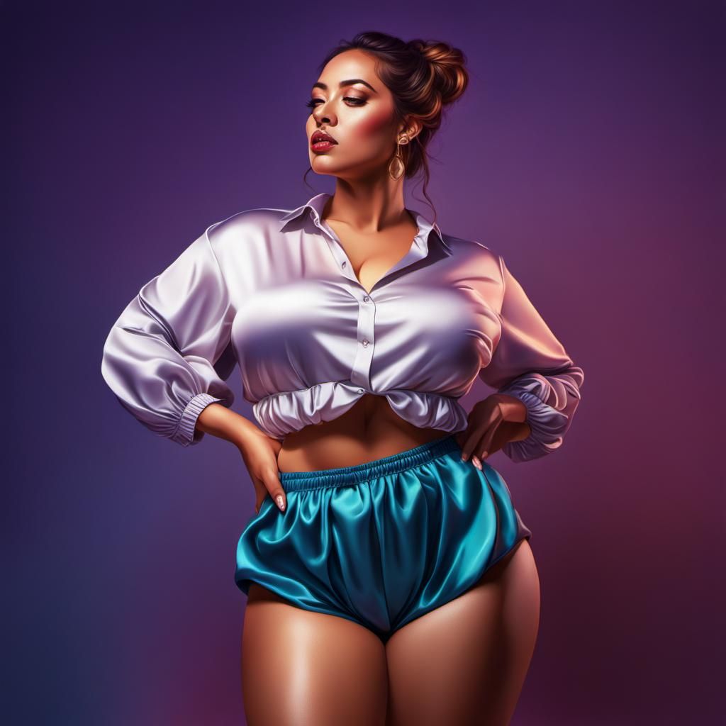 A curvy hot attractive figure girl wearing satin silky loose...