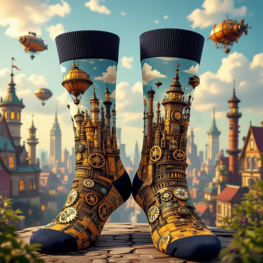  Steampunk Cityscape Socks   by @Mariah